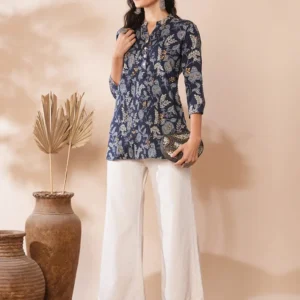 Blue Shirt with Floral Leaf Print